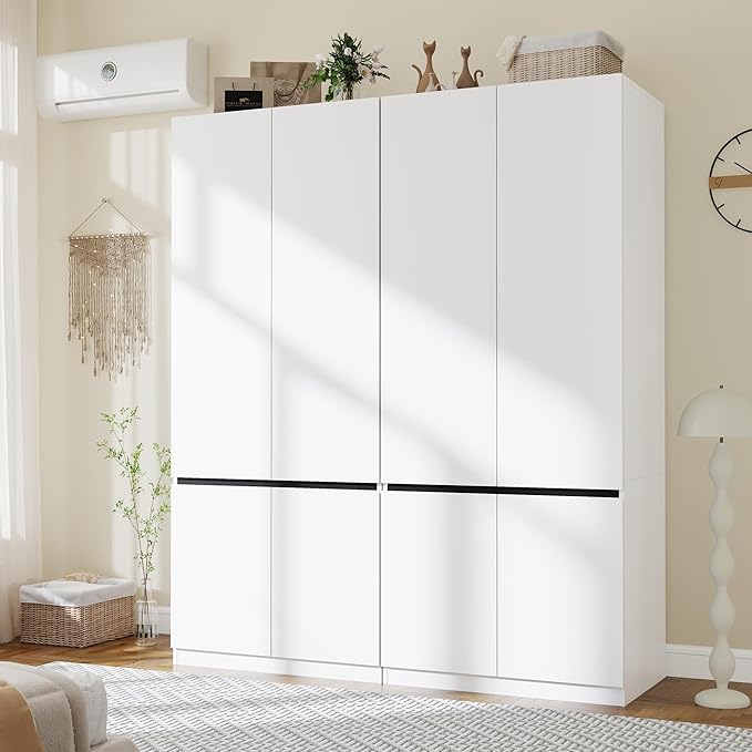 White Armoire Wardrobe Closet: 74" Wooden Wardrobe Closet with 4 Doors, Bedroom Armoires with Hanging Rod, Tall Closets Cabinet for Hanging Clothes (63")