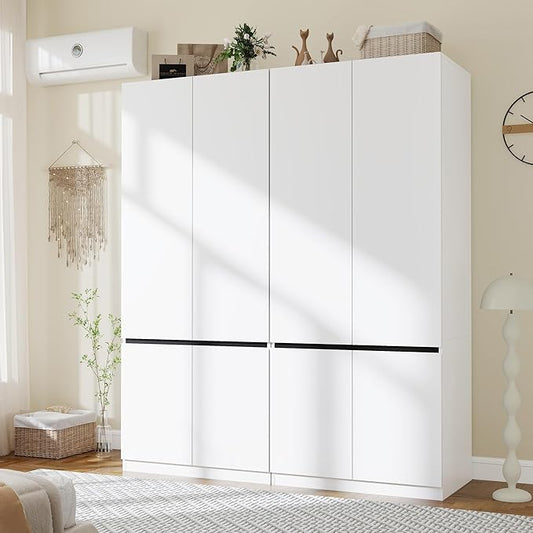 White Armoire Wardrobe Closet: 74" Wooden Wardrobe Closet with 4 Doors, Bedroom Armoires with Hanging Rod, Tall Closets Cabinet for Hanging Clothes (63")