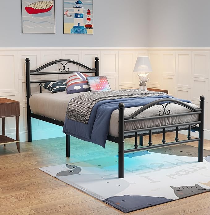 Twin Size Bed Frames with Charging Station,Black Metal Platform Bed Frame with LED Lights,Heavy Duty Metal Steel Slats Support,No Box Spring Needed,Noise Free,Easy to Assemble