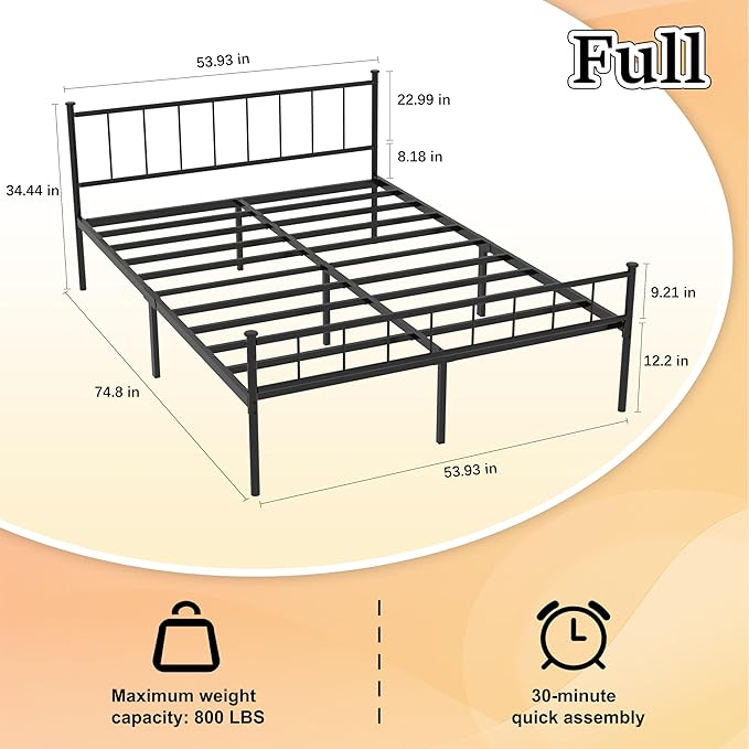 Queen Metal Platform Bed Frame, Victorian Vintage Style, Wrought Iron Headboard, Steel Slats, No Box Spring Needed (Black, Full)