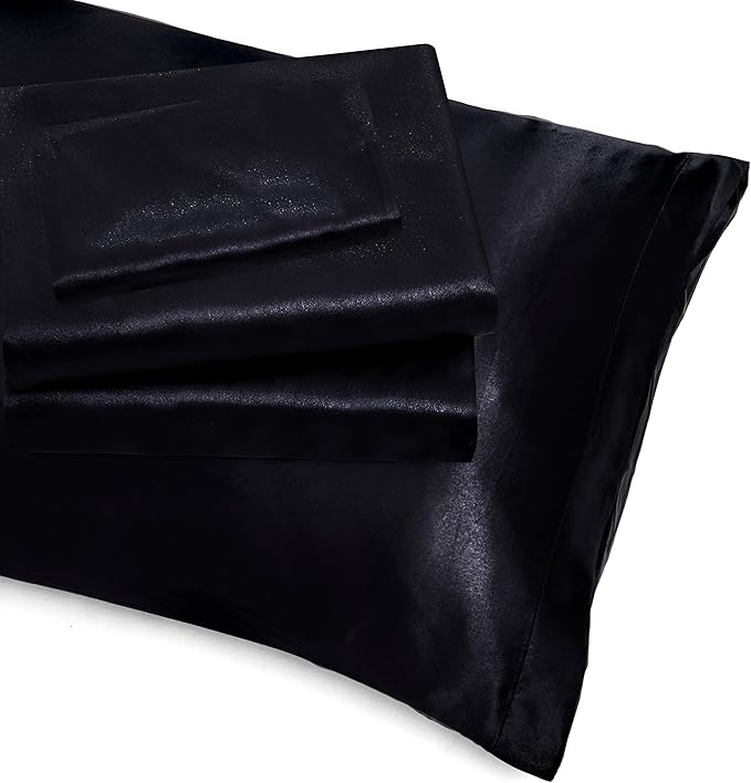 Homiest 4pcs Extra Deep Pocket Satin Sheets Full Size Bed Set, 18-24 Inch Deep Pocket Black Sheets, Silky Luxury Bedding Fits Ultra Deep Mattress