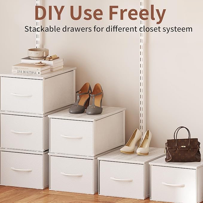 X-cosrack 3 Packs Individual Stackable Storage Drawers with Wood Top for Closet, Small Stacking Closet Organizer with Drawers, Metal Frame 3 Fabric Storage Drawer Bins for Bedroom, Under Bed, White