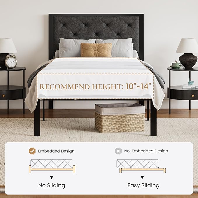 SHA CERLIN Twin Size Metal Platform Bed Frame,Linen Upholstered Button Tufted Headboard, Mattress Foundation with 12.4” Under-Bed Storage, Noise-Free, Easy Assembly, No Box Spring Needed, Dark Grey
