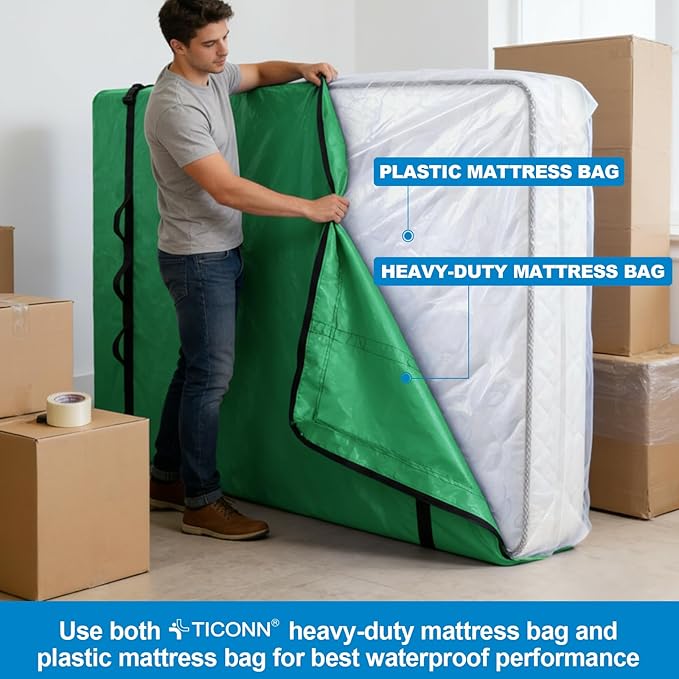 TICONN Mattress Bags for Moving, Heavy Duty Cali King Mattress Cover Storage Bag with Full-Around Handle and Adjustable Buckles (Green, Cali King)
