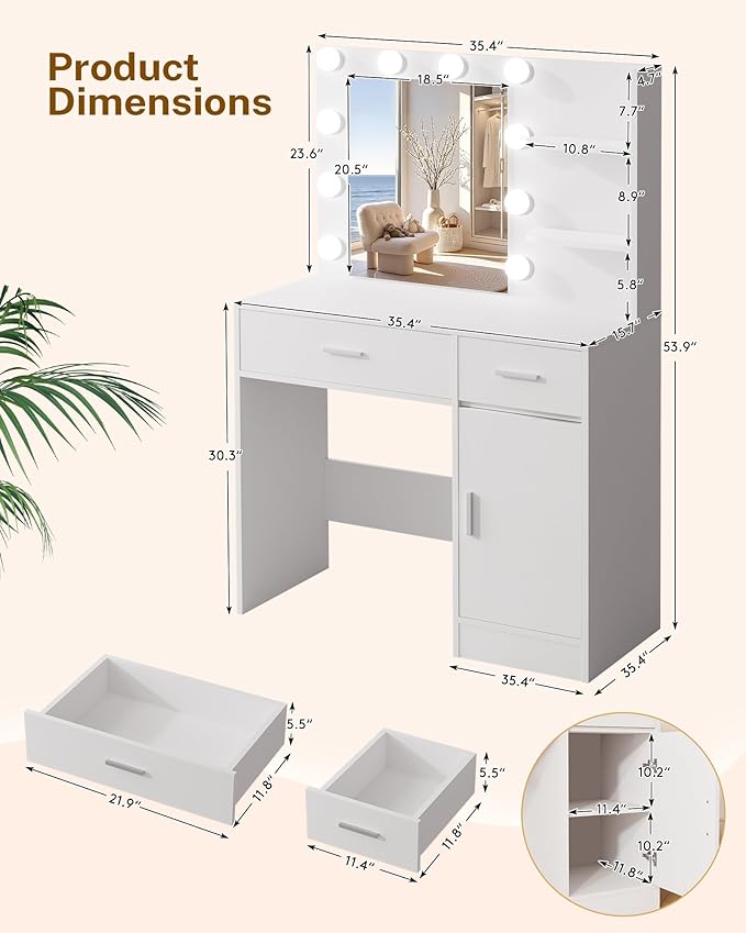 LIVELYGLOW White Makeup Vanity with 10 Hollywood Light Bulbs, 35.4" Wide Dressing Table with Large Mirror & Dimming Function, Small Space Vanity Desk with 2 Drawers, Storage Cabinet & Shelves