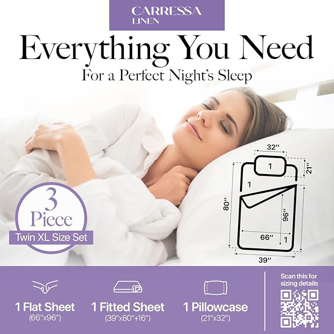 Carressa Linen Striped Egyptian Cotton Sheets Twin XL Size - 600 Series Hydrangeas Collection Damask Twin XL Deep Pockets Sheet Set (3 PC, Ivory Stripe), Sateen Bottom Sheets for Dorm Room