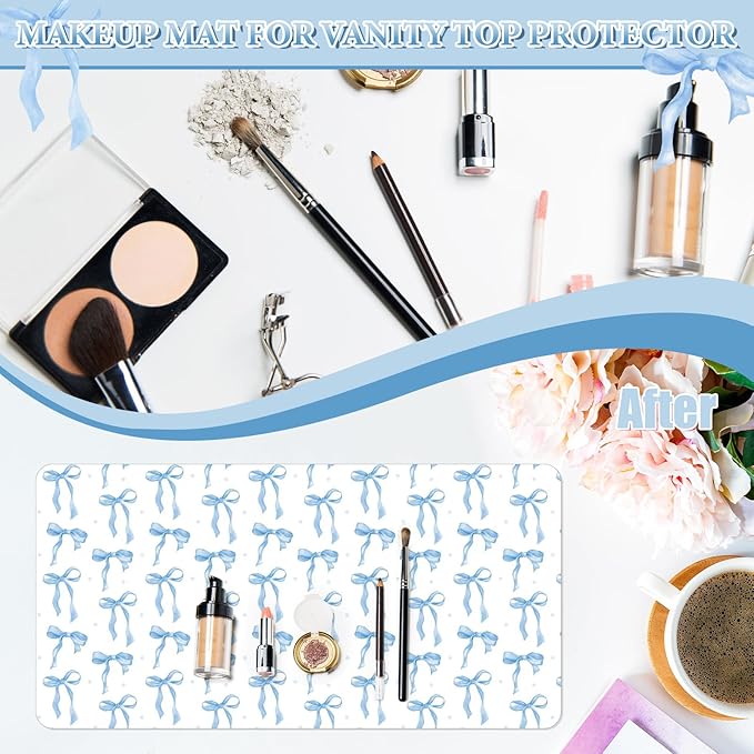 Teenyyou Coquette Bow Makeup Mat for Vanity Top Protector Graduation Gift Dual Side Leather Desk Mouse Pad Girly Waterproof Nonstick Dressing Accessories for Women Home Office(Blue,11.8"x23.6")