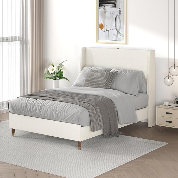 MALOL Full Size Bed Frame with Upholstered Headboard, Linen Fabric Platform Bed Frame with USB Charging Ports, No Box Spring Needed, Sturdy Metal Support, Noise Free, Modern Bedroom Furniture,White