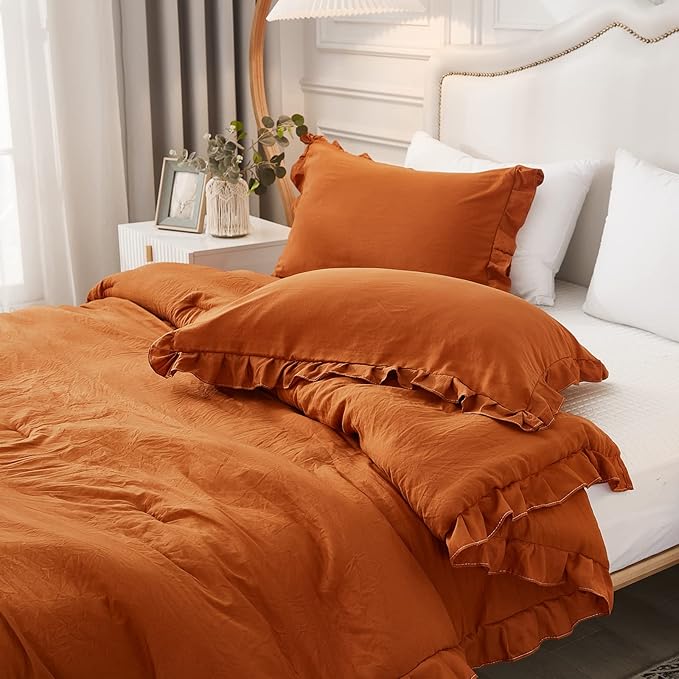 Burnt Orange Pillowcases Cute Pillow Cover Rust Ruffle Queen Set of 2 Shabby Chic Caramel Pillowcases 2 Pack (Queen (20''x30''), Caramel)