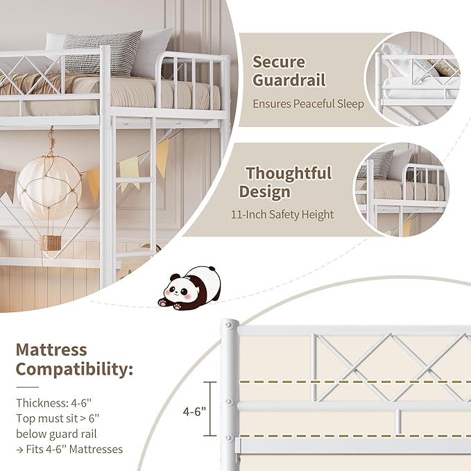 Garvee Loft Bed Twin Size for Teens & Adults, Metal Loft Frame with Safety Guardrail & Flat Ladder Rung, Heavy Duty Steel Slats, Space Saving Design, No Box Spring, White