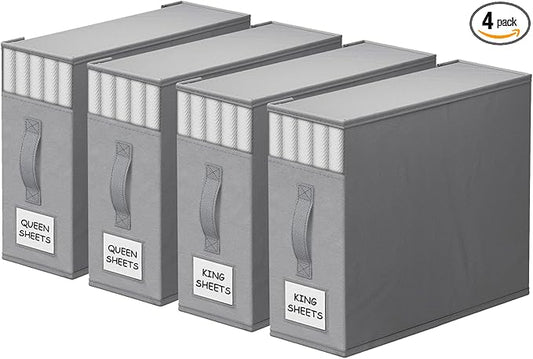 StorageTastic 4 Pack Bed Sheet Closet Organizers and Storage,Sturdy Foldable Storage Containers with Window and Label,Storage and Organization for Bedding Sheets,Duvet Covers,Blankets (Grey)