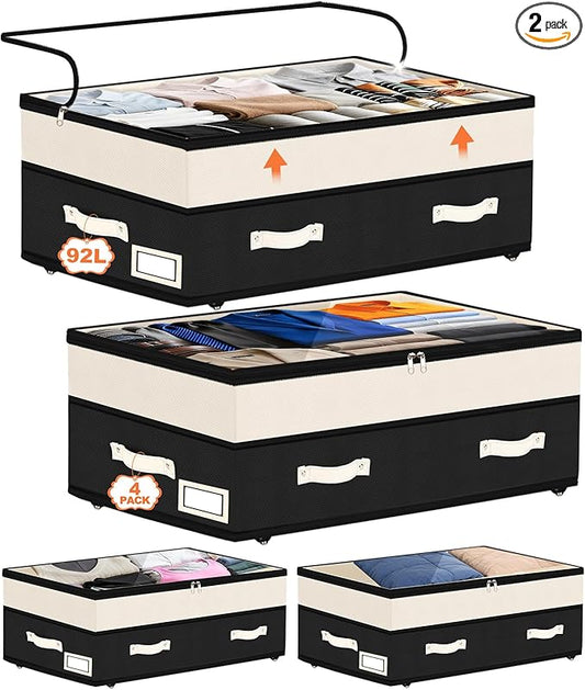 Dolicer 4 Pack Under Bed Storage with Wheels, 6in-10in Height Adjustable Underbed Storage Containers, 92L XXXL Under Bed Drawers Rolling Bin with Clear Lids for Dorm Shoes Clothes Organizers(Black)