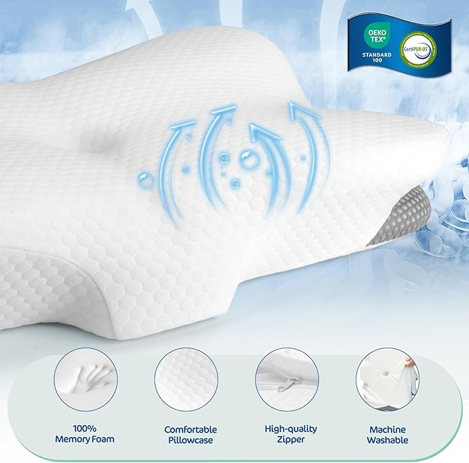 JOYENERGY Ergonomic Cervical Pillow for Neck and Shoulder Pain Relief - Memory Foam Contour Pillow with Dual Heights, Cooling Breathable Pillowcase, Orthopedic Support for Side, Back, Stomach Sleeper