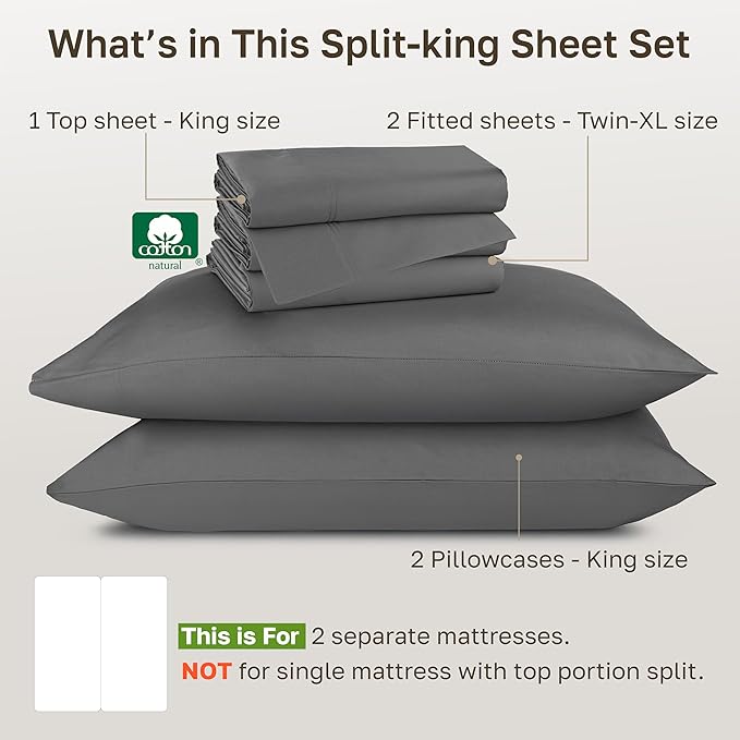 California Design Den Split King Sheets for Adjustable Bed - Buttery Soft 800 Thread Count, 100% Cotton Set, Sateen Bedding Set with Durable Twin XL Fitted Sheets - Grey