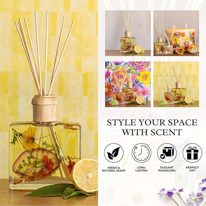 Rosy Rings Sugared Citrus Signature Botanical Reed Diffuser, Single Piece, 13 oz Last 9-12 Months Glass Natural Oils with Floral Embedded Flowers Bright Fruity Aroma, Livingroom Decor Spa Relaxation
