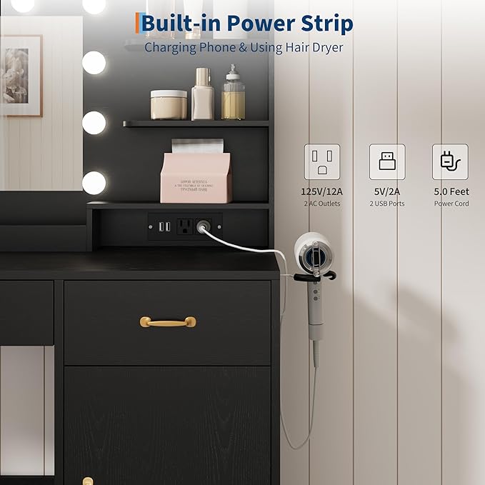 GarveeHome Vanity Desk with Mirror and Lights, Vanity Set with Upholstered Storage Stool, Makeup Vanity with Power Outlet & 11 LED Bulbs, Dressing Table with 3 Drawers & Storage Shelves, Pure Black