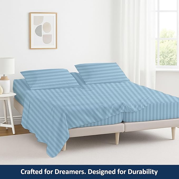 5 Piece Split Cal King Sheet Set, 100% Egyptian Cotton, 16 Inch Deep Pockets, Light Blue Stripe, Soft Cooling Sheets for Adjustable Beds, Sleep Number Beds, Split Cal King Mattress Sheet Set