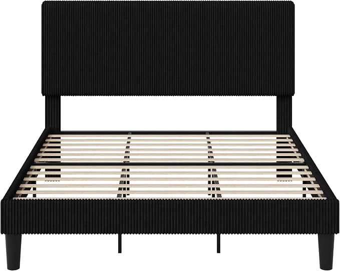 Allewie King Size Upholstered Bed Frame with Vertical Channel Tufted Headboard, Soft Corduroy Fabric Platform Bed, Strong Wooden Slats Support, Easy Assembly, No Box Spring Needed, Black