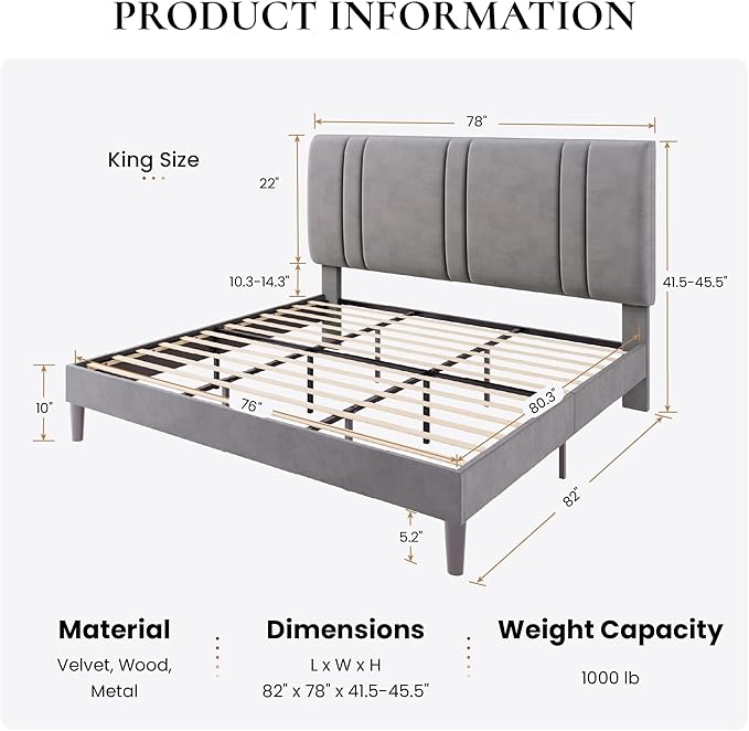 SHA CERLIN King Size Platform Bed Frame, Velvet Upholstered Bed with Adjustable Headboard, Vertical Channel Tufted Design, Sturdy Wood Slat Support, No Box Spring Needed, Easy Assembly, Light Grey