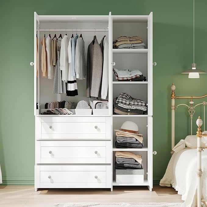 VOWNER Armoire Wardrobe Closet with Drawers and Mirror, 71" Clothing Storage Cabinet with Hanging Rod, 4 Doors Wooden Wardrobe Cabinet for Bedroom, Large Capacity Storage