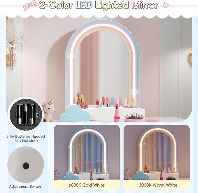 TOLEAD Blue Kids Vanity Table and Chair Set, Adjustable Height Kids Vanity with LED Lights, Princess Girls Vanity Set with Stool, Toddler Make Up Vanity Desk with Storage Space for Little Girls