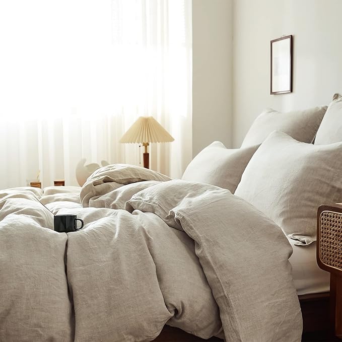 Simple&Opulence 100% Linen Duvet Cover Set 3pcs Basic Style Natural French Washed Flax Solid Color Soft Breathable Farmhouse Bedding with Button Closure - Linen, Full