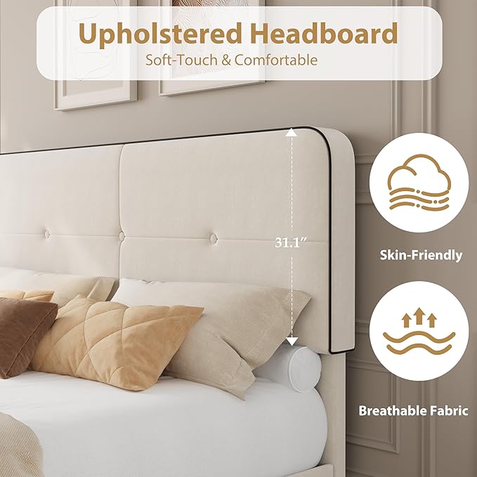 Garvee Queen Bed Frame, Velvet Upholstered Platform Bed Frames with Adjustable Headboard, No Box Spring Needed, Anti-Noise EVA Sponge, Sturdy Metal Support, Easy Assembly, White & Black Trim