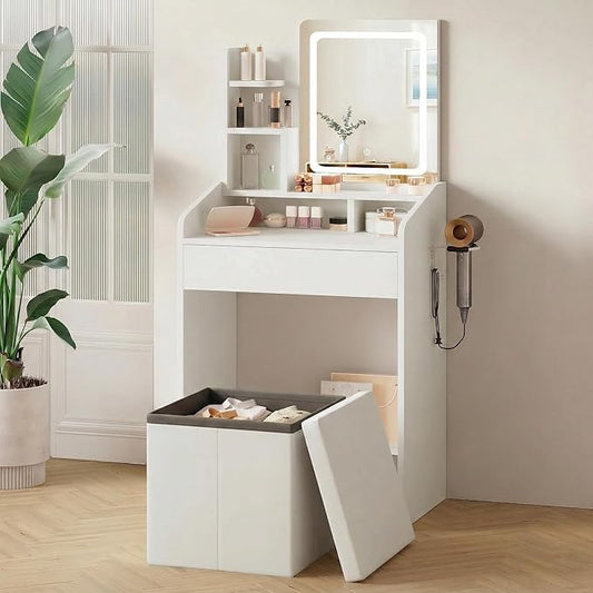 Small Vanity Table with Lighted Mirror & Power Station, 24" Modern White Makeup Desk with Storage Stool, Hair Dryer Rack, Smart LED 3-Color Lighting, Compact Dressing Table for Bedroom