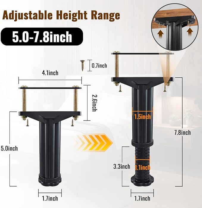YHK 8PCS Adjustable Height Bed Support Legs 5.0-7.8inch, Heavy Duty Bed Frame Support Legs for Bed Slat and Frame, Plastic Bed Frame Support Replacement Bed Support Reinforcement Parts