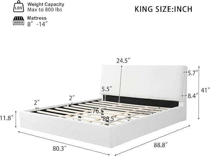 Christopher Knight Home Jamaiya Boucle Upholstered King Size Bed Frame with Wingback Headboard, Modern King Bed Frame and Headboard, Wooden Slats Support, Easy Assembly, No Box Spring Needed, White