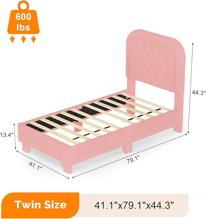 VINGLI Twin Bed with Headboard,Soft Frame Cloud Bed Frame with Sturdy Wood Slats Support,Upholstered Boucle Cream Platform Soft Bed with Rounded Corners,for Kids Teens Adults, Pink