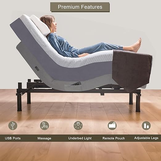 Premium Queen Adjustable Bed with 14 Inch Prime Gel Memory Foam Mattress, Massage, Zero Gravity, Anti-Snore, Programmable Memory Positions, USB, Underbed Lighting, Zero Clearance