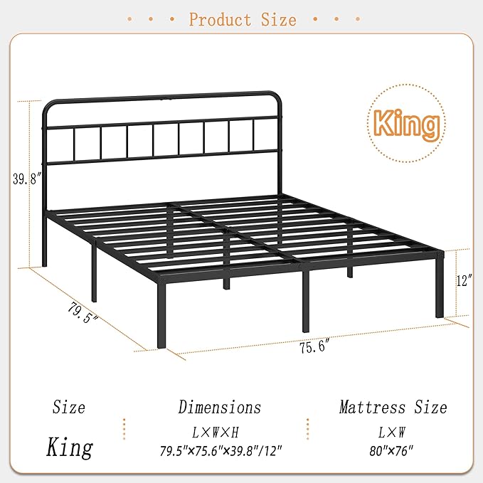 Kujielan 12 inches King Size Bed Frame with Minimalist headboard,Metal Platform Base with Strong Metal Slats,Mattress Foundation for Under Bed Storage,Easy Assembly,Black