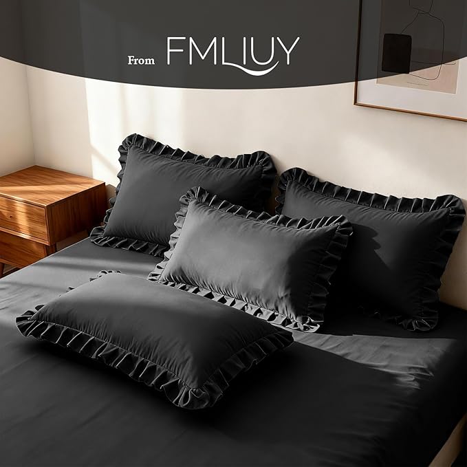 Ruffle Pillow Cases Queen Size Set of 2 – Soft Wrinkle Resistant Brushed Microfiber Ruffled Pillowcases –Envelope Pillow Shams Cover Festive Gift for Hotels,Guest Rooms 20x30 Inch (Black)