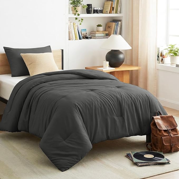 CozyLux Twin Comforter Set Dark Grey, 2 Pieces Twin Extra Long Solid Breathable Bedding Set for College Dorm, Twin XL Dark Gray Luxury Soft Bed Set with Down Alternative Comforter and 1 Pillowcase