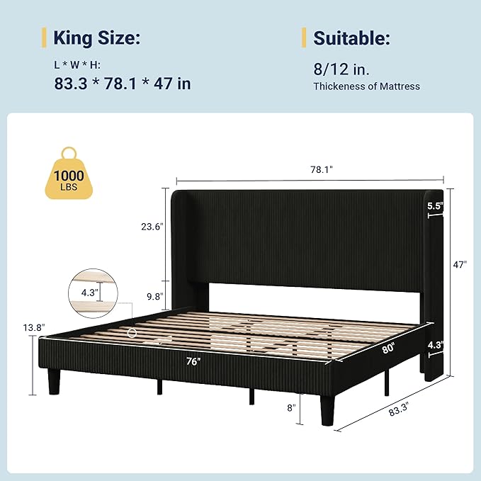 Allewie King Size Bed Frame with Upholstered Wingback Headboard, Vertical Channel Tufted Corduroy Velvet Platform Bed, Strong Wooden Slats Support, No Box Spring Needed, Easy Assembly, Black