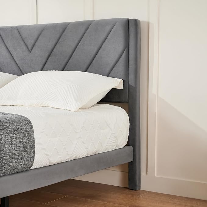 Full Bed Frame with Headboard, Bed Frame Full Size with Sturdy Wooden Slats Support, Platform Bed Frame with Velvet Upholstered Headboard, Mattress Foundation, Easy Assembly, No Box Spring Needed