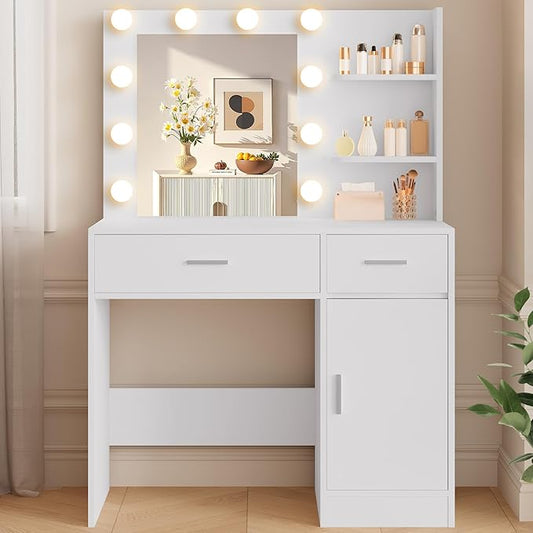 LIVELYGLOW White Makeup Vanity with 10 Hollywood Light Bulbs, 35.4" Wide Dressing Table with Large Mirror & Dimming Function, Small Space Vanity Desk with 2 Drawers, Storage Cabinet & Shelves