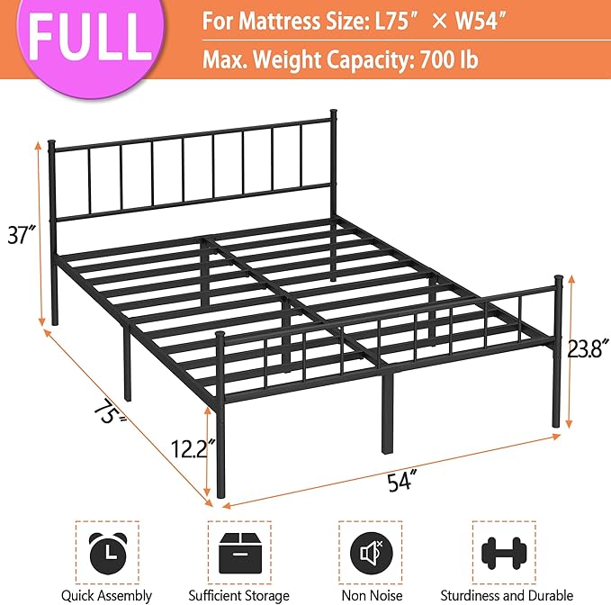 DIIYIV Full Bed Frame-Classic Metal Platform Bed Frame,Mattress Foundation with Steel Slat Support,Under Foundation Storage,No Box Spring Needed, Easy Assembly, Full Size
