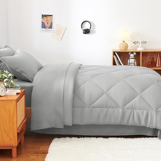 CozyLux Twin XL Comforter Set Light Grey - 5 Pieces Twin Extra Long Bed in a Bag for College Dorm, All Season Bedding Set for Girls and Boys, Soft Bed Set with Comforter, Sheets, Pillowcase & Sham
