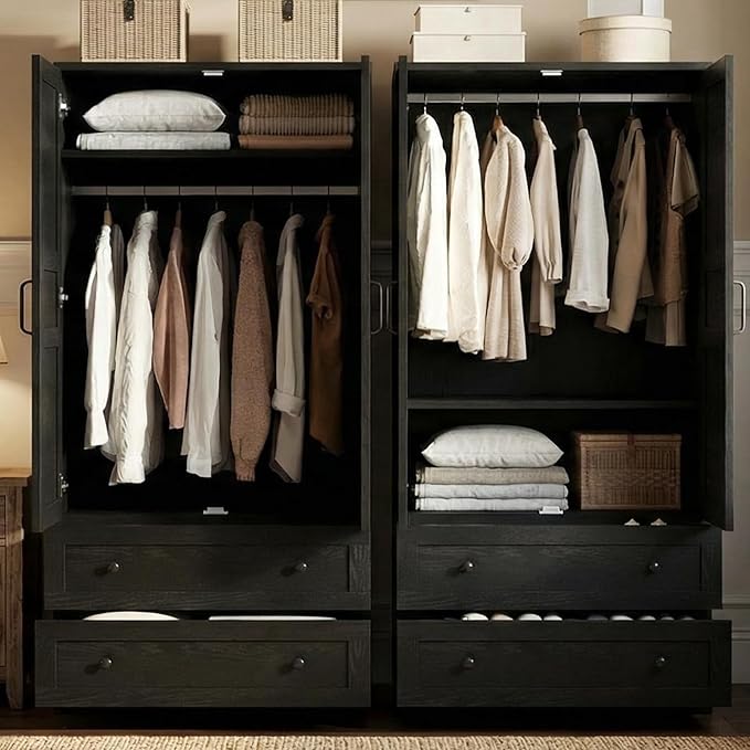 IDEALHOUSE Armoire Wardrobe Closet with 2 Drawers, 72" Tall Wooden Clothing Wardrobe with Hanging Rod & DIY Adjustable Shelf, Heavy Duty Bedroom Armoire Storage Cabinet with Doors, Rustic Black