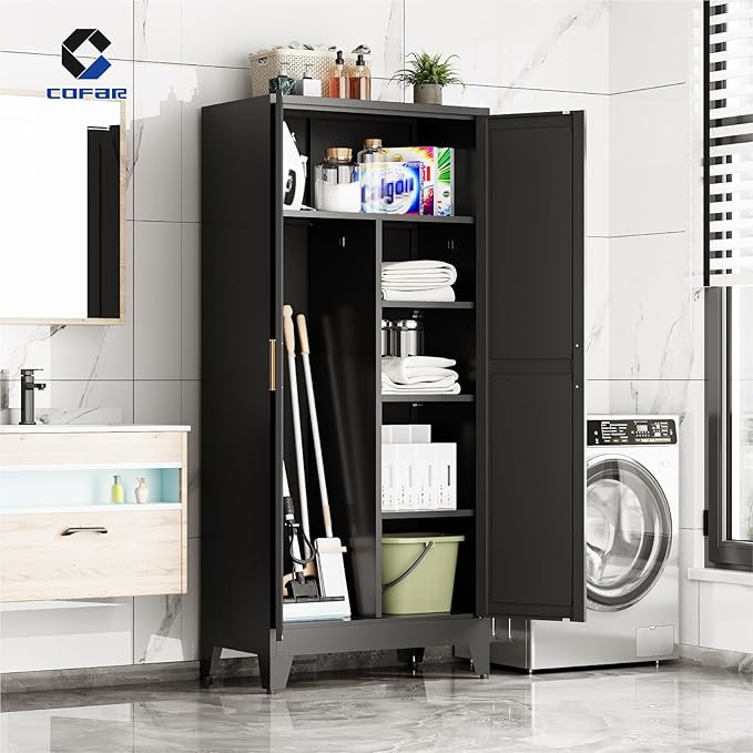 COFaR Wardrobe Closet with Doors, Metal Bedroom Armoire with Adjustable Hanging Rod and Shelves, Farmhouse Broom Closet Storage Cabinet for Garage Laundry Office, 70.87" H x 31.5" W x 17.72" D, Black