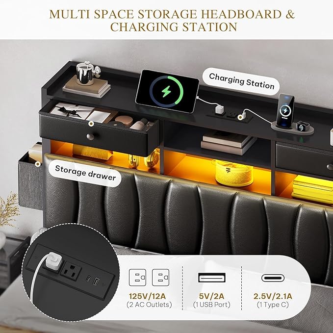 YITAHOME Queen Size with 2 Storage Drawers and Charging Station, Upholstered Bed with Storage Headboard and LED Light, Heavy Duty Metal Support, No Box Spring Needed, Noise Free, PU Leather Black