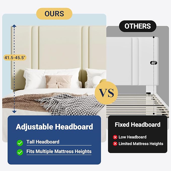 Allewie Full Size Platform Bed Frame with Adjustable Headboard, Plush Velvet Upholstered, Vertical Channel Tufted, Sturdy Wooden Slats, No Box Spring Needed, Easy Assembly, Cream