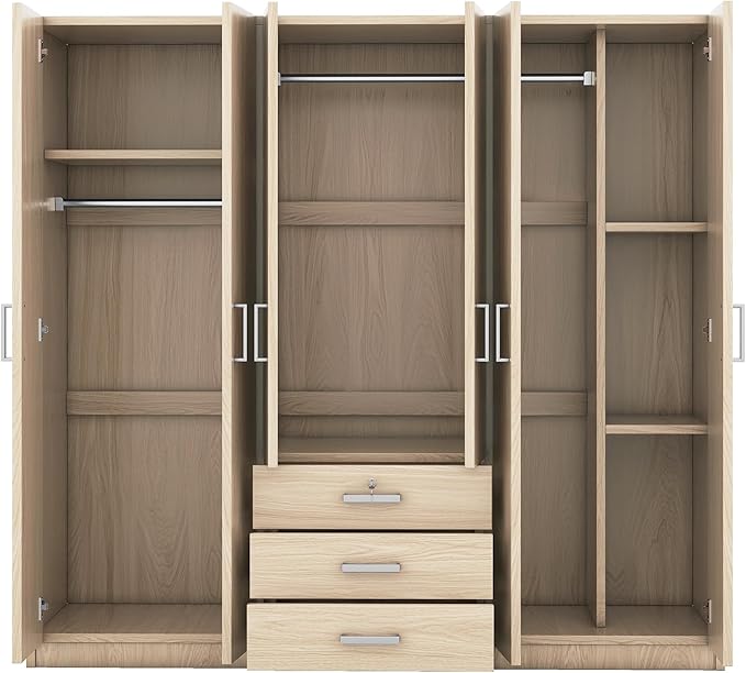 68" H Large 6 Doors Wooden Wardrobe Closet, Freestanding Armoire Wardrobe Closet Cabinet with 3 Drawers, Shelves and Hanging Rod for Hanging Clothes, Coat Closets for Bedroom, Brown
