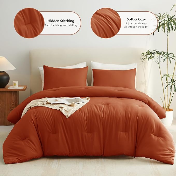 CozyLux Oversized King Comforter Set Terracotta, 3 Pieces 120x98 Solid Breathable Quilted Bedding Sets, Burnt Orange Luxury Soft Lightweight Bed Set with Down Alternative Comforter and 2 Pillowcases