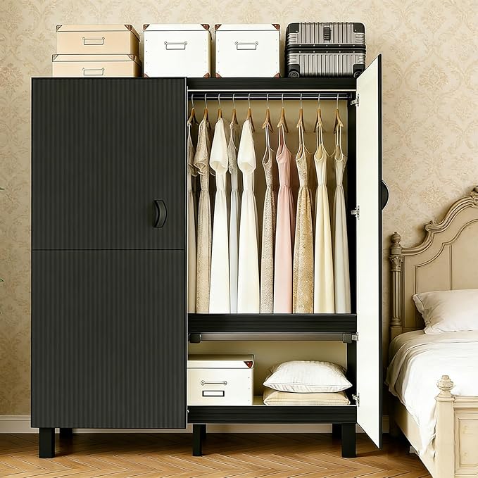 Freestanding Heavy Duty Wardrobe Closet with Magnetic Door, Portable Metal Closets, Foldable Wardrobecloset Organizers and Storage, for Bedrooms, Apartments, and Tenant (Black, 33.4in)