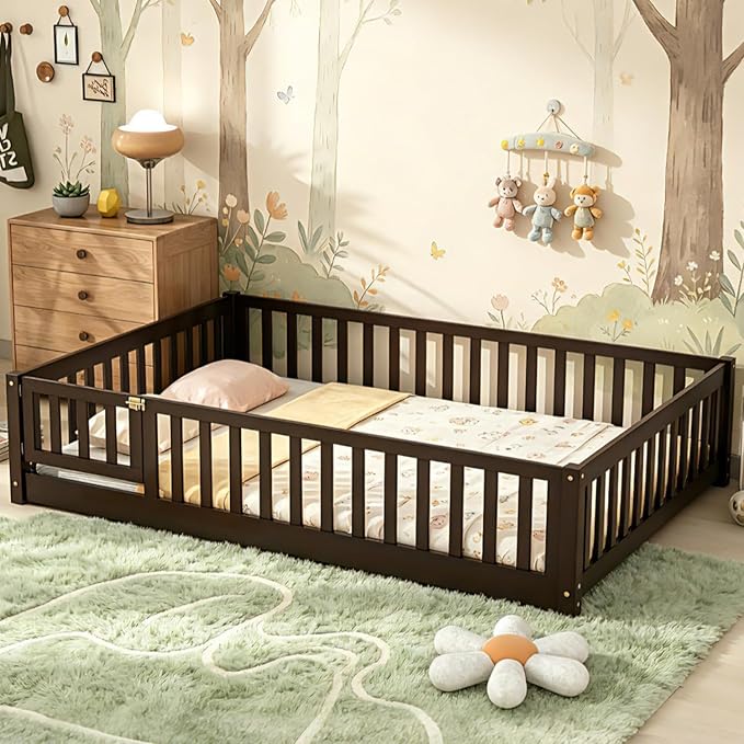 Bellemave Full Size Montessori Floor Bed Frame with Rails & Door, Solid Wood Kids Floor Bed Full with Removable Slats, Low Profile Montessori Bed for Children’s Sleep & Play, Espresso