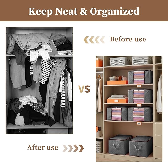 90L Clothes Blanket Storage Bags, 6 Pack Under Bed Storage Bins with Lids, Foldable Closet Organizer with Reinforced Handles for Clothing, Blanket, Comforters, Bed Sheets, Pillows and Toys, Gray