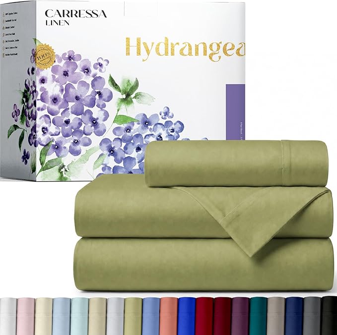Carressa Linen 100% Egyptian Cotton Twin Sheets Set - 600 Series Hydrangeas Collection Egyptian Cotton Luxury Twin Sheets (3 PC, Sage Green), 16" Deep Pocket, Soft, Cooling, Sateen Weave Bedding